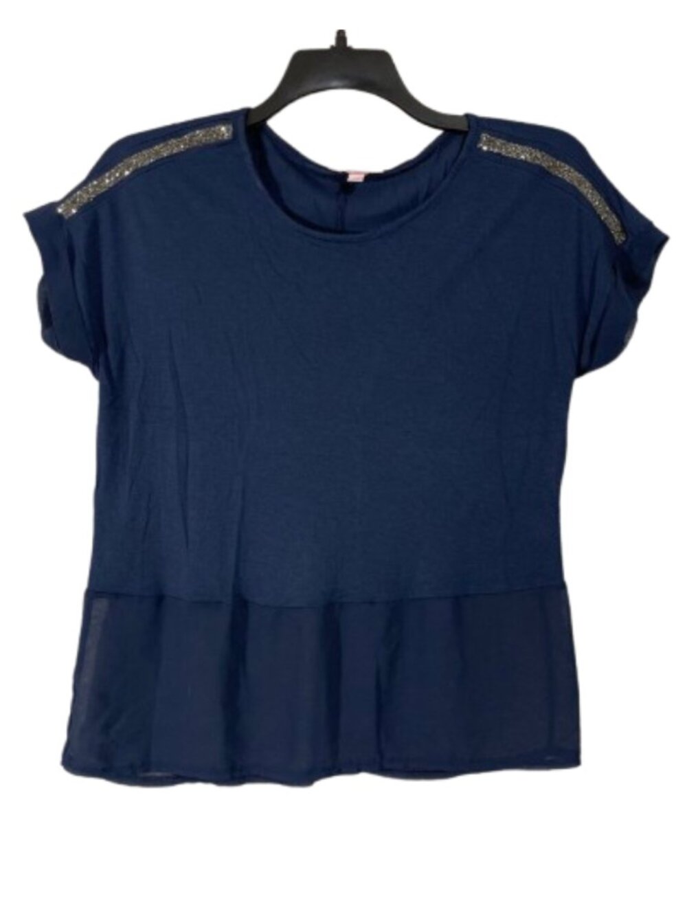 JUICY COUTURE Solid Navy Blue Mixed Media Material Semi Sheer Druzy Blouse Top